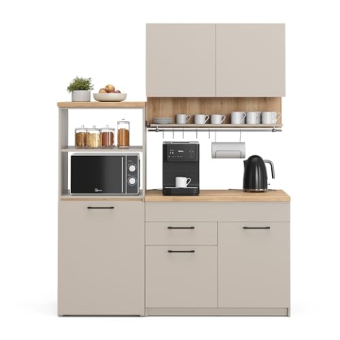 Vicco Singleküche Egbert, Greige/Artisan-Eiche, 160 cm mit ausziehbarem Tisch