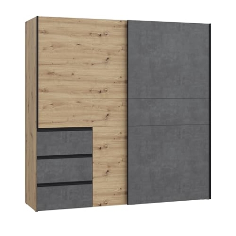 FORTE WINN 2 Schrank, Kleiderschrank, Schwebetürenschrank mit Schubladen, Schlafzimmerschrank, Holz Dekor: Artisan Eiche mit Betonoptik Grau, 200 cm breit x 200 cm hoch x 61,2 cm tief