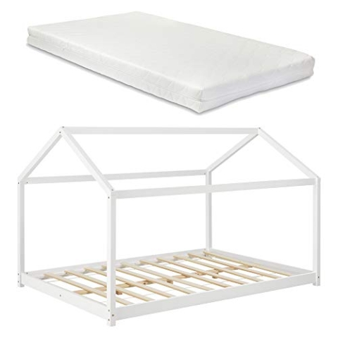 [en.casa] Kinderbett mit Matratze 120x200cm Hausbett mit Kaltschaum-Matratze ÖKO-Tex Standard 100 Bettenhaus Spielbett Kiefernholz Weiß