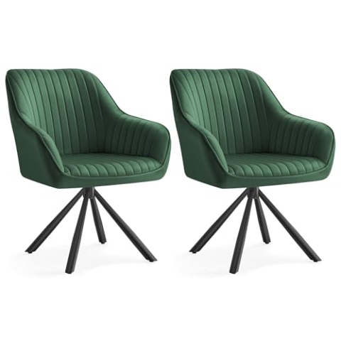 SONGMICS Esszimmerstuhl 2er Set, Küchenstuhl, Sessel drehbar, Samt, Polsterstuhl mit Armlehnen, bis 120 kg belastbar, Stahlbeine, für Esszimmer, Küche, grün-tintenschwarz KDC161C12
