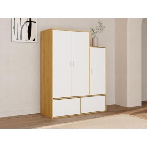Vente-unique-Garderobe mit 3 Türen, 1 Kleiderstange & 2 Schuhfächern - Weiß & Holzfarben - NYVELA