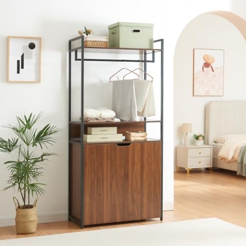 [en.casa] Garderobenständer Larem Kleiderständer mit Schrank Metallgestell 180 x 84 x 40 cm offener Kleiderschrank mit Kleiderstange Standgarderobe Flurgarderobe mit 2 Ablagen Walnussoptik