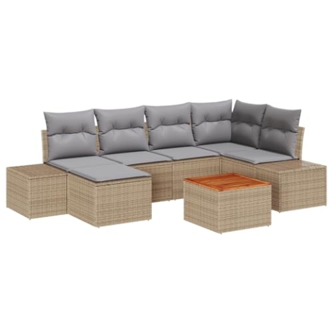 vidaXL 7-teiliges Garten Sofa Set mit Kissen Beige Poly Rattan Akazie | Langlebige Outdoor Sitzgelegenheiten UV-beständig und wasserfest stylische Patio Möbel, perfekt für Balkon, Sectional, modern