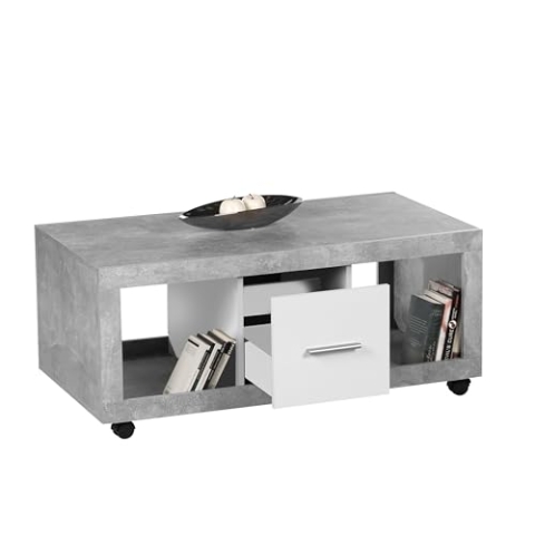 STONE Moderner Couchtisch auf Rollen in Beton Optik, Weiß - mobiler Sofatisch mit Ablagefächern & Schubladen für Ihren Wohnbereich - 115 x 50 x 60 cm (B/H/T)