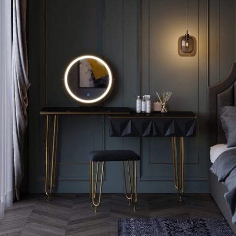 Vicco Schminktisch Bella, Schwarz Hochglanz, 120 cm mit LED Spiegel und Hocker