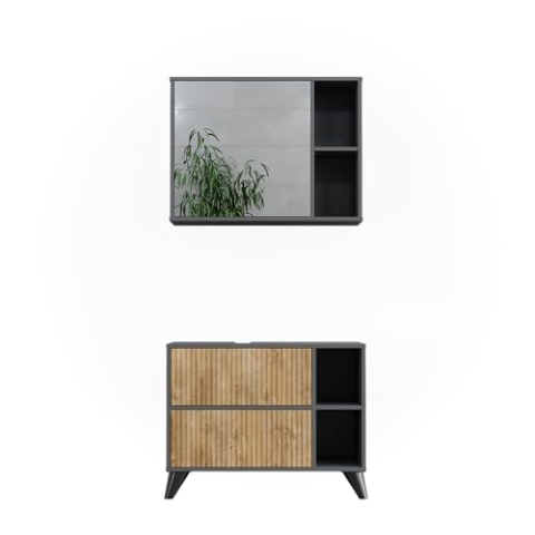 Vicco Badmöbel-Set Leano, Badezimmerschrank-Set, Anthrazit/Bergeiche, 80 cm, Set 1