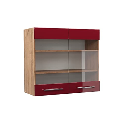 Vicco Küchenglasschrank Fame-Line, Bordeaux Hochglanz/Goldkraft Eiche, 80 cm