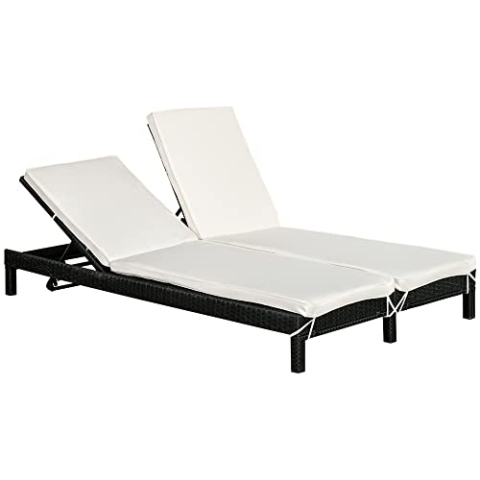 Outsunny Polyrattan Doppelliege Sonnenliege Gartenliege für 2 Personen Relaxliege Luxus Lounge 5-stufige Rückenlehne Metall PE Rattan Weiß 196 x 120 x 28 cm