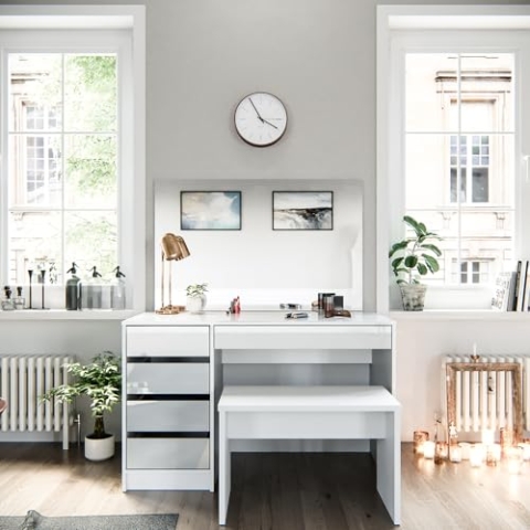 Vicco Schminktisch Sherry, Kosmetiktisch mit Spiegel, Weiß, 120 cm mit Bank