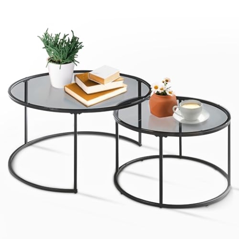[en.casa] Couchtisch Kokkola 2er Set Wohnzimmertisch rund Beistelltisch Schwarz Tischplatte aus Rauchglas Kaffeetisch Metallgestell Satztisch Sofatisch