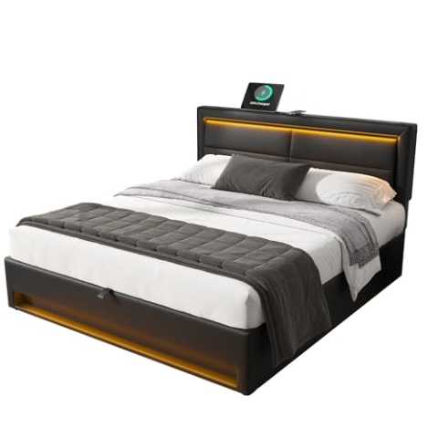 OKYION Boxspringbett Hydraulisches 160 x 200 cm mit LED-Beleuchtung, Polsterbett Funktionelles mit USB-Ladeanschluss(unterstützt kabelloses und kabelgebundenes Laden), PU Schwarz(Ohne Matratze)