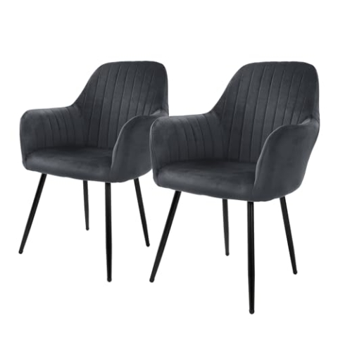ML-Design 2er Set Esszimmerstühle mit Rücken- und Armlehnen, Grau, Küchenstühle mit Samtbezug, Polsterstühle mit Metallbeinen, Ergonomische Stühle für Esstisch, Wohnzimmerstühle Esszimmerstuhl