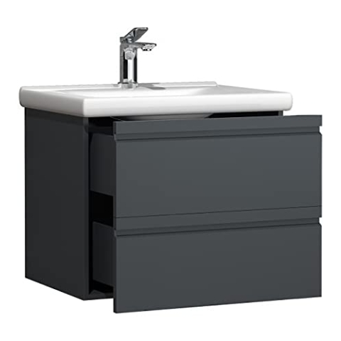 VCM 2-TLG. Waschplatz Waschtisch 60 cm Badmöbel Set Waschbecken grifflose Schublade Silora L Anthrazit