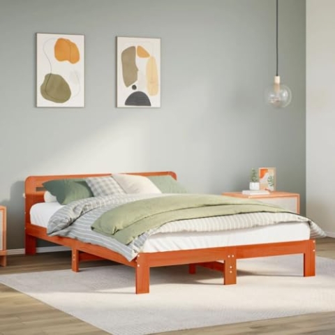 vidaXL Massivholzbett, Holzbett ohne Matratze, Bettgestell mit Kopfteil Lattenrost, Bett Doppelbett für Schlafzimmer, Wachsbraun 120x200cm Kiefernholz