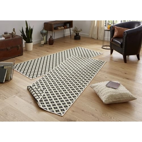 NORTHRUGS In- und Outdoor Teppich Nizza 80x250cm - Wendeteppich Wetterfest Modernes Geometrisches Muster Läufer für Balkon Terrasse Garten Wintergarten Wohnzimmerteppich Wasserfest in Schwarz Creme