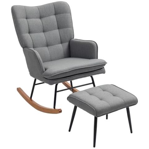 HOMCOM Schaukelstuhl Schwingsessel mit Hocker, Armlehnsessel, Stillsessel mit Leinenoptik, Schaukelsessel bis 130 kg Belastbarkeit für Schlafzimmer, Wohnzimmer, Dunkelgrau