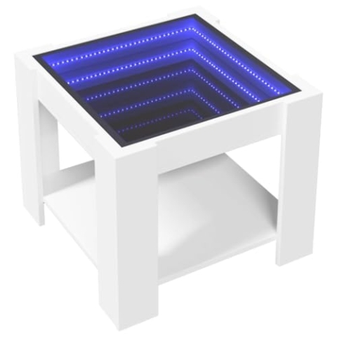 vidaXL LED Couchtisch, Beistelltisch mit LED-Infinity-Spiegel, Kaffeetisch Sofatisch für Wohnzimmer, Wohnzimmertisch, Weiß Holzwerkstoff