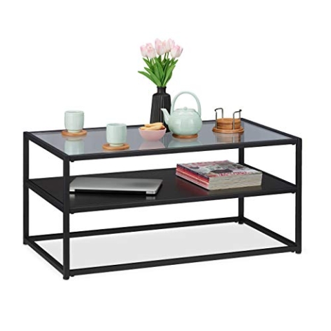 Relaxdays Couchtisch, Ablage aus MDF, Glas & Metall, modernes Design, edler Wohnzimmertisch, HBT 42x90x50 cm, schwarz