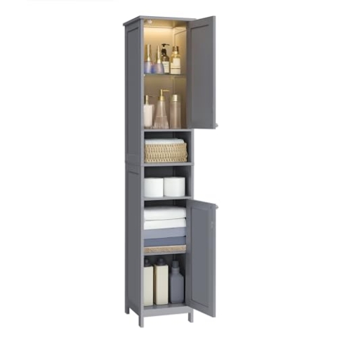 VASAGLE Badezimmerschrank mit Beleuchtung, hoch, schlanker Badschrank, Aufbewahrungsschrank mit verstellbaren Ablagen, offene Fächer, für kleine Räume, modern, Taubengrau BBC566G03