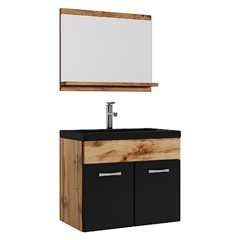 Badplaats B.V. Badezimmer Badmöbel Set Montreal 02 60cm Waschbecken Schwarz - Eiche mit Matt Schwarz Unterschrank Waschtisch Spiegel Möbel
