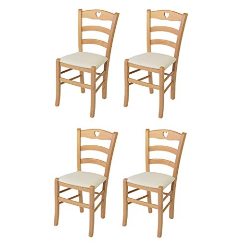 Tommychairs - 4er Set Stühle CUORE für Küche und Esszimmer, Robuste Struktur aus lackiertem Buchenholz im Farbton Naturfarben und gepolsterte Sitzfläche mit Stoff in der Farbe Elfenbein bezogen