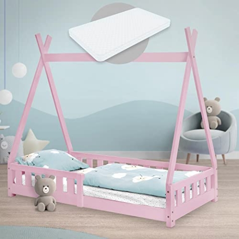 ML-Design Kinderbett Tipi 80x160 cm Rosa mit Matratze, Rausfallschutz und Lattenrost, aus Kiefernholz, Indianer Bett Massivholz für Mädchen & Jungen, Hausbett mit Zaun, Jugendbett Spielbett Holzbett