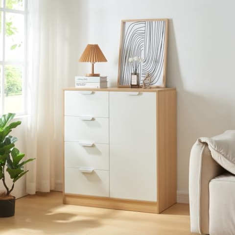 [en.casa] Kommode Varkaus mit 4 Schubladen und Einer Tür Schrank Schlafzimmer Aufbewahrungsschrank 90 x 80 x 40 cm Flur Schubladenschrank Eichenoptik/Weiß