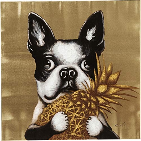 Kare Design Bild Touched Dog with Pineapple, Gold, Leinwandbild, Hund, Acrylfarbe, Canvas, Tannenholz Rahmen, handgemalte Details, Abstrakt, Modern, Wohnzimmer, Schlafzimmer, Flur, 80x80x4 cm (H/B/T)
