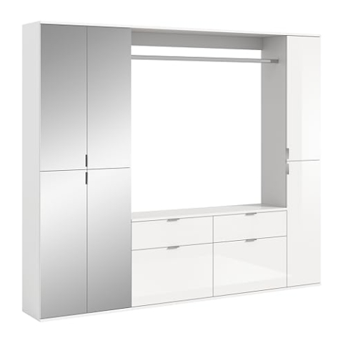 xonox.home Systemmöbel Projekt X 3tlg. Kombination Garderobe Ankleidezimmer Schranklösung Büro Ordnungssystem in Front weiß Hochglanz/Spiegel Korpus weiß Nb., ca.212x193x34cm