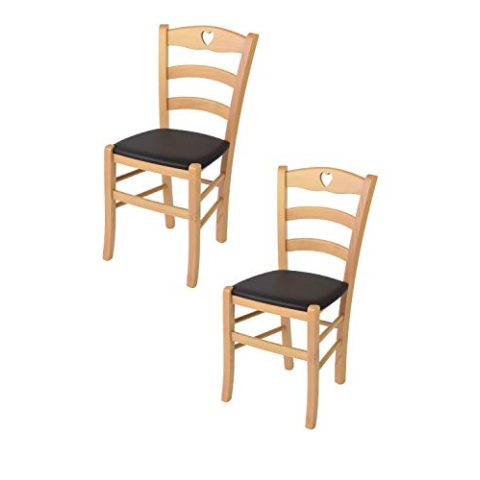 Tommychairs - 2er Set Stühle CUORE für Küche und Esszimmer, Robuste Struktur aus lackiertem Buchenholz im Farbton Naturfarben und gepolsterte Sitzfläche mit Kunstleder in der Farbe Moka bezogen