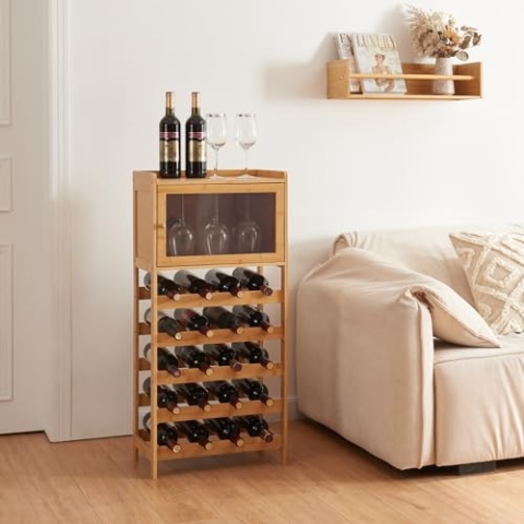 [en.casa] Bambus Weinregal Gjerstad Weinflaschenregal Standregal für 20 Flaschen Lagerregal mit 5 Ebenen für Keller, Küche Vitrine für Gläser 100x47x28cm Natur