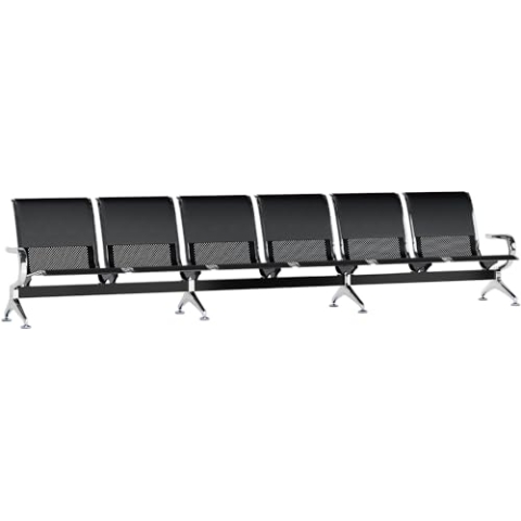 CLP 6er Wartebank Airport mit Kunstlederbezug I Sitzbank für 6 Personen mit Metallgestell in Chrom-Optik I mit Rückenlehne, Farbe:schwarz/schwarz