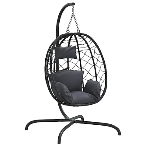 vidaXL Hängesessel Ei, Schaukelsessel mit Kissen, Korbsessel Sessel mit Schaukel-Design, Hängekorb Hängeschaukel Eierstuhl, Anthrazit Poly Rattan Stahl