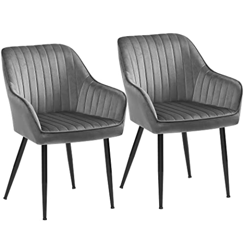 SONGMICS Esszimmerstuhl, 2er Set, Küchenstuhl, Sessel, Samt, Polsterstuhl mit Armlehnen, Loungesessel, bis 120 kg belastbar, Metallbeine, für Esszimmer, Küche, hellgrau-tintenschwarz LDC087G04