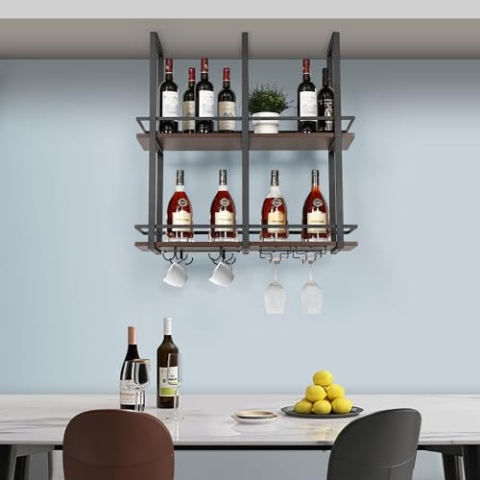 [en.casa] Weinregal Hubro Deckenregal 80 x 30 x 85 cm Flaschenregal mit Glashalterung Hängeregal Metallrahmen Weinflaschenhalter Schwarz/Walnussoptik