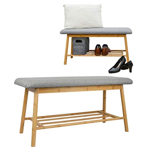 DuneDesign Nordic Sitzbank mit Schuhregal - 90x34x44 Bambus Schuhbank Holz Bank für Flur Garderobe