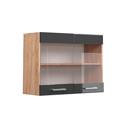Vicco Küchenglasschrank R-Line, Anthrazit Hochglanz/Goldkraft Eiche, 80 cm