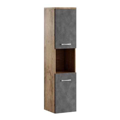 Badezimmer Schrank Montreal 131 cm Kastanien Eiche mit Dunkle Grau – Regel Schrank Hochschrank Schrank Möbel Badschrank