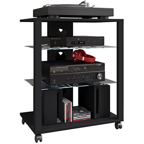 VCM HiFi Holz Möbel | Rack Schrank Phono Regal mit Rollen | 2 Glasböden | Maße: H. 70 x B. 60 x T. 41 cm | Phono Mediaregal - Folas Schwarz