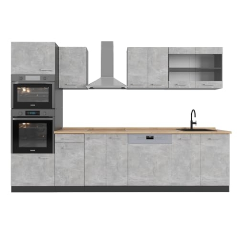 Vicco Küchenzeile R-Line, Beton/Anthrazit, 300 cm mit Hochschrank, ohne Arbeitsplatte