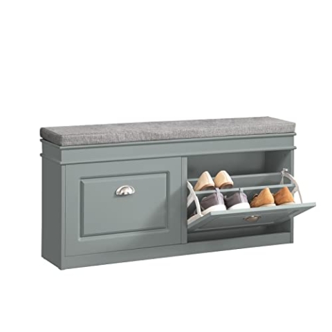 SoBuy Schuhbank mit Sitzfläche Sitzbank mit Stauraum und 2 Klappen, schmaler Schuhschrank mit Sitzbank & Schuhregal platzsparend, Schuhablage für Flur & kleine Räume, 104x52x24cm, Hellgrau, FSR64-HG
