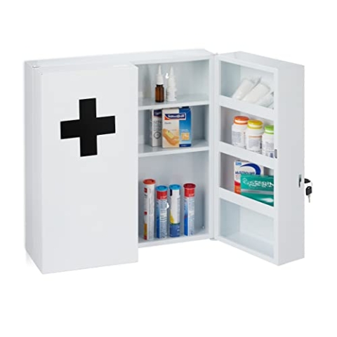 Relaxdays Medizinschrank XXL, abschließbar, 11 Fächer, Stahl, HBT: 53,5x53x19 cm, Arzneischrank 2-türig, weiß/schearz
