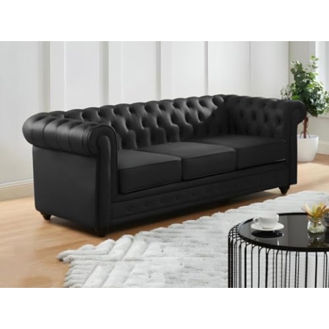 Vente-unique-Ledersofa 3-Sitzer - Büffelleder - Schwarz - Chesterfield