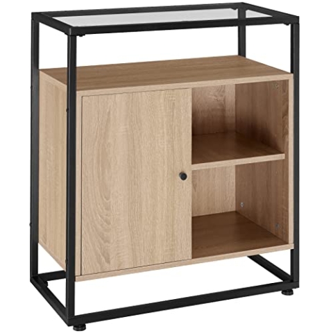 tectake Kommode mit Glasoberfläche, 70 x 38 x 80,5 cm, Beistellschrank im Industrie-Design, Holz Sideboard für Wohnzimmer Flur Küche, schwarzes Metallgestell (Industrial Holz hell, Eiche Sonoma)