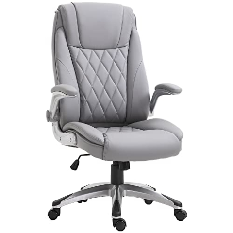 Vinsetto Bürostuhl Ergonomischer Drehstuhl Computerstuhl mit Wippfunktion höhenverstellbar mit Kopfstütze und gepolsterte Armlehnen Kunstleder Grau 70 x 71 x 113–121 cm