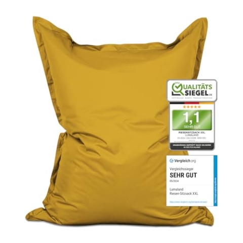 Lumaland Riesen-Sitzsack XXL 140x180 cm | Wasserfestes Indoor & Outdoor Liegekissen mit über 3 Mio. anpassungsfähigen EPS-Perlen | Bean Bag mit waschbarem Bezug [Senfgelb]