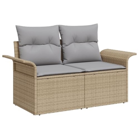 vidaXL 2-Sitzer Outdoor Sofa mit Stauraum Beige und Grau Rattan Polyester Bequeme Sitze Modern Drinnen Möbel Balkon Wohnzimmer
