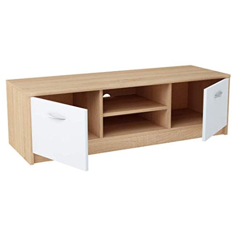 MATKAM Fernsehkommode 2DC H36xB120xT41cm, laminierte Möbelplatte 16 mm, Zwei Ablagen mit Türen Links und rechts, in der Mitte EIN Regalfach, Metallscharniere, satinierte Griffe (Sonoma Eiche – weiß)