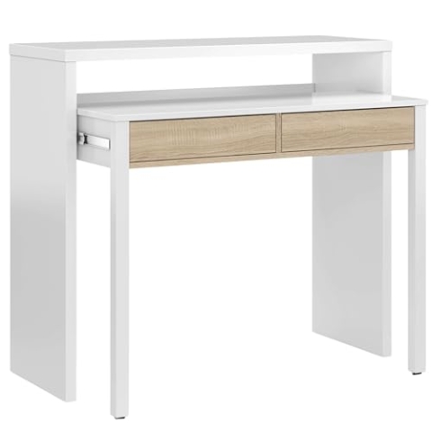 Ausziehbarer Konsolenschreibtisch mit zwei Schubladen, Eiche und weiße Farbe, Maße 98 x 87 x 36 cm (ausziehbar bis 66 cm)