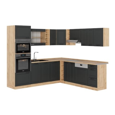 Vicco Eckküche R-Line, Anthrazit Landhaus/Goldkraft Eiche, 237 x 60 cm ohne Arbeitsplatte
